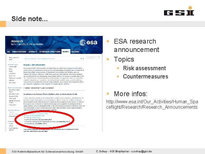 Side note. . . § ESA research announcement § Topics § Risk assessment §