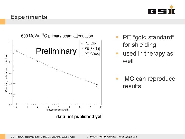 Experiments § PE “gold standard” for shielding § used in therapy as well Preliminary