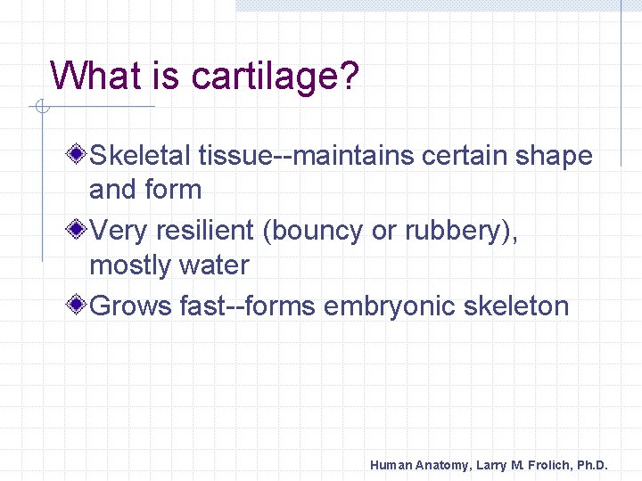 What is cartilage? Skeletal tissue--maintains certain shape and form Very resilient (bouncy or rubbery),