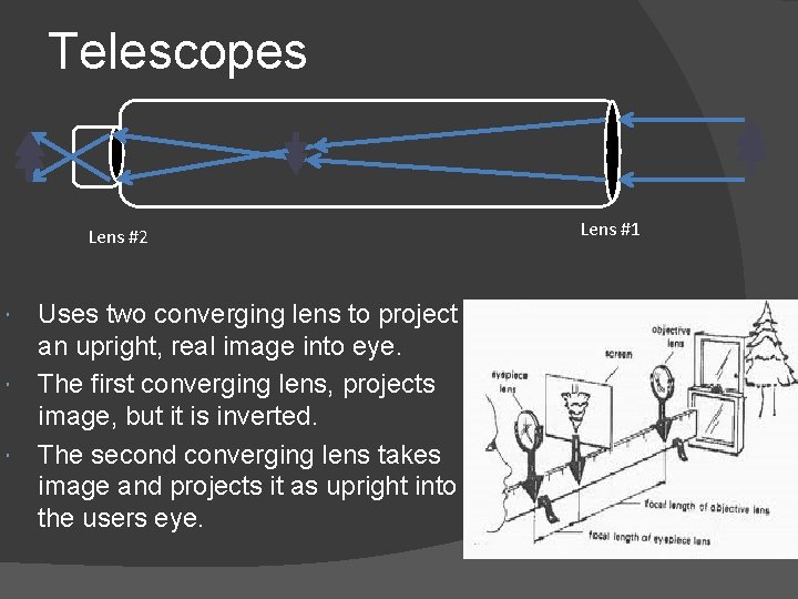 Telescopes Lens #2 Uses two converging lens to project an upright, real image into