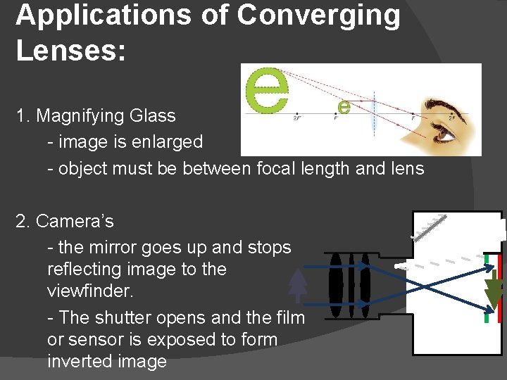 Applications of Converging Lenses: 1. Magnifying Glass - image is enlarged - object must