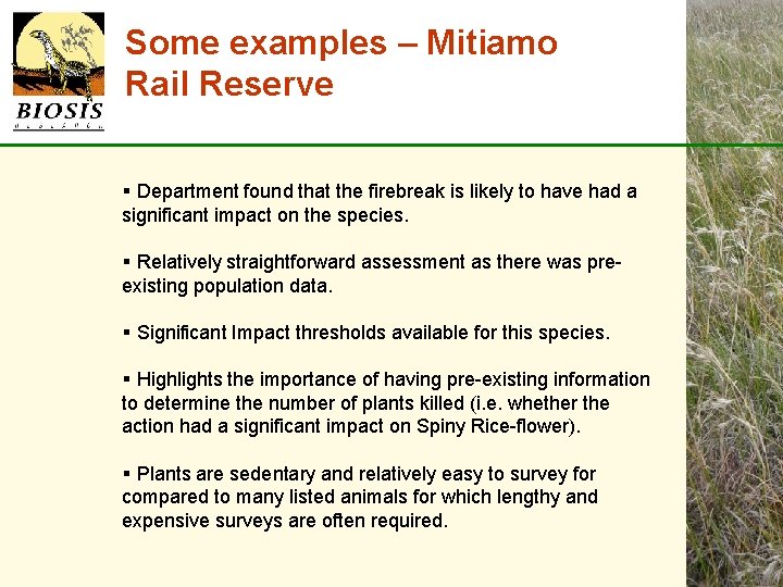 Some examples – Mitiamo Rail Reserve § Department found that the firebreak is likely