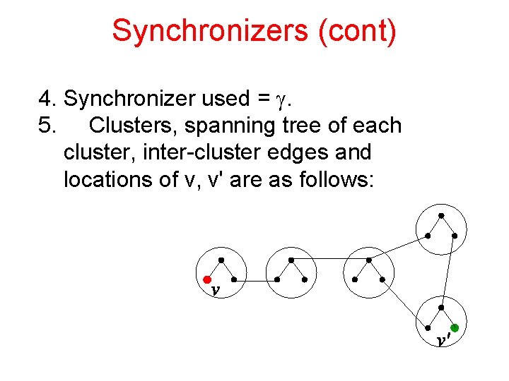 Synchronizers (cont) 4. Synchronizer used = g. 5. Clusters, spanning tree of each cluster,