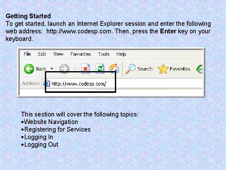 Getting Started To get started, launch an Internet Explorer session and enter the following