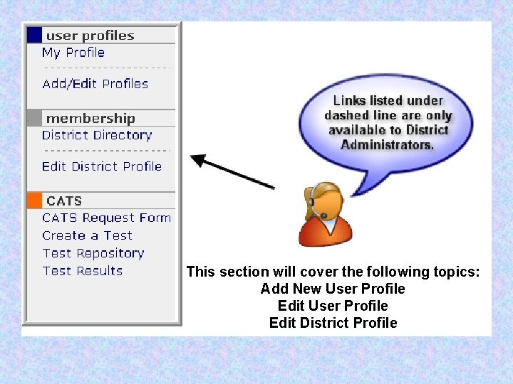 This section will cover the following topics: Add New User Profile Edit District Profile