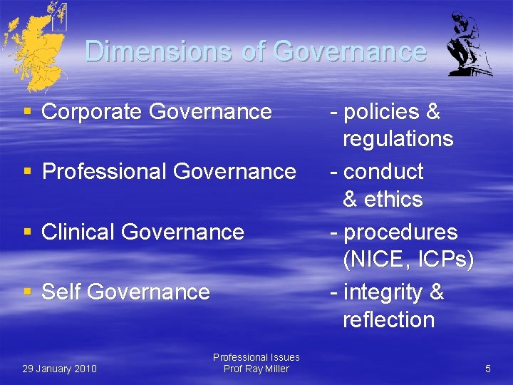 Dimensions of Governance § Corporate Governance § Professional Governance § Clinical Governance § Self