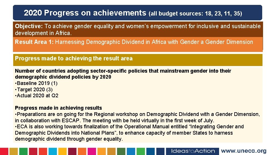 2020 Progress on achievements (all budget sources: 18, 23, 11, 35) Objective: To achieve