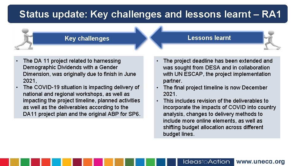Status update: Key challenges and lessons learnt – RA 1 Key challenges • The