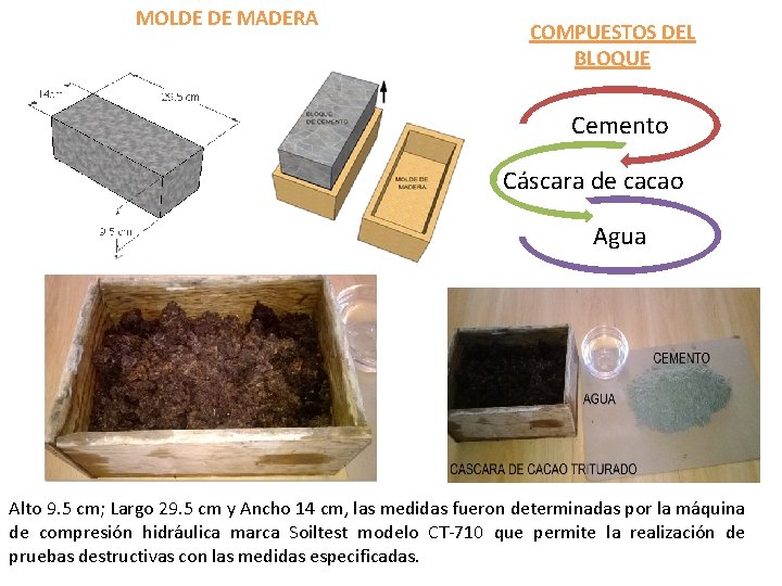 MOLDE DE MADERA COMPUESTOS DEL BLOQUE Cemento Cáscara de cacao Agua Alto 9. 5