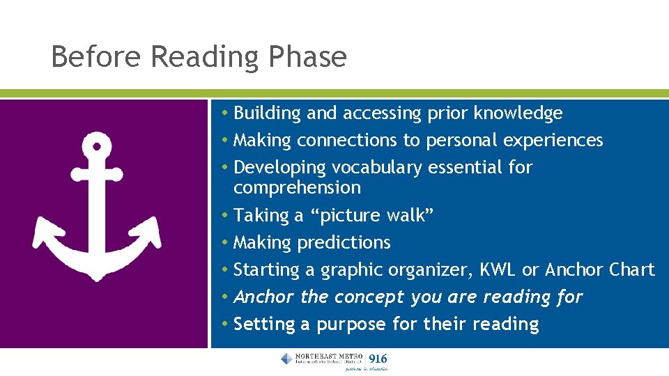 Before Reading Phase • Building and accessing prior knowledge • Making connections to personal