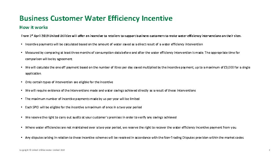 Business Customer Water Efficiency Incentive How it works From 1 st April 2019 United