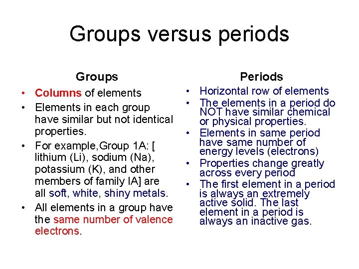 Groups versus periods Groups Periods • Columns of elements • Elements in each group