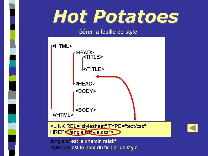 Hot Potatoes Gérer la feuille de style <HTML> <HEAD> <TITLE> </HTML> </HEAD> <BODY>. .