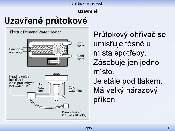 Elektrický ohřev vody Uzavřené průtokové Průtokový ohřívač se umisťuje těsně u místa spotřeby. Zásobuje