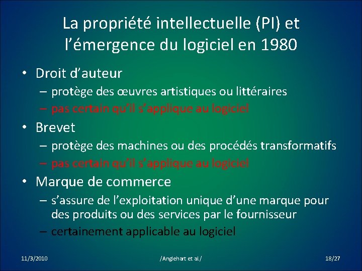 La propriété intellectuelle (PI) et l’émergence du logiciel en 1980 • Droit d’auteur –