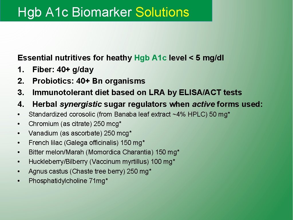 Hgb A 1 c Biomarker Solutions Essential nutritives for heathy Hgb A 1 c