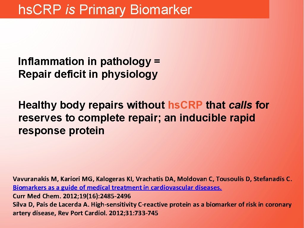 hs. CRP is Primary Biomarker Inflammation in pathology = Repair deficit in physiology Healthy