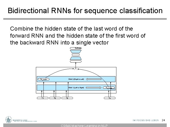 Bidirectional RNNs for sequence classification Combine the hidden state of the last word of Bidirectional RNNs for sequence classification Combine the hidden state of the last word of