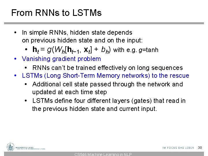 From RNNs to LSTMs • In simple RNNs, hidden state depends on previous hidden From RNNs to LSTMs • In simple RNNs, hidden state depends on previous hidden