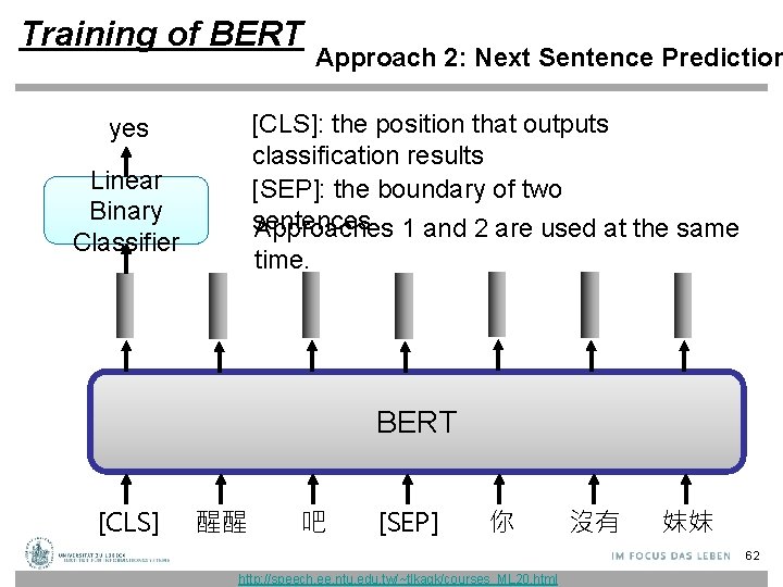 Training of BERT Approach 2: Next Sentence Prediction [CLS]: the position that outputs classification