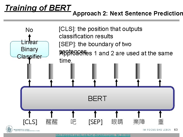 Training of BERT Approach 2: Next Sentence Prediction [CLS]: the position that outputs classification
