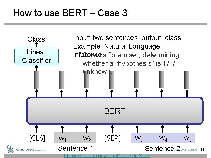 How to use BERT – Case 3 Input: two sentences, output: class Example: Natural How to use BERT – Case 3 Input: two sentences, output: class Example: Natural