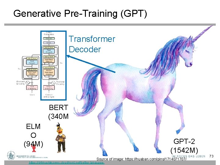 Generative Pre-Training (GPT) Transformer Decoder BERT (340 M ) ELM O (94 M) GPT-2 Generative Pre-Training (GPT) Transformer Decoder BERT (340 M ) ELM O (94 M) GPT-2