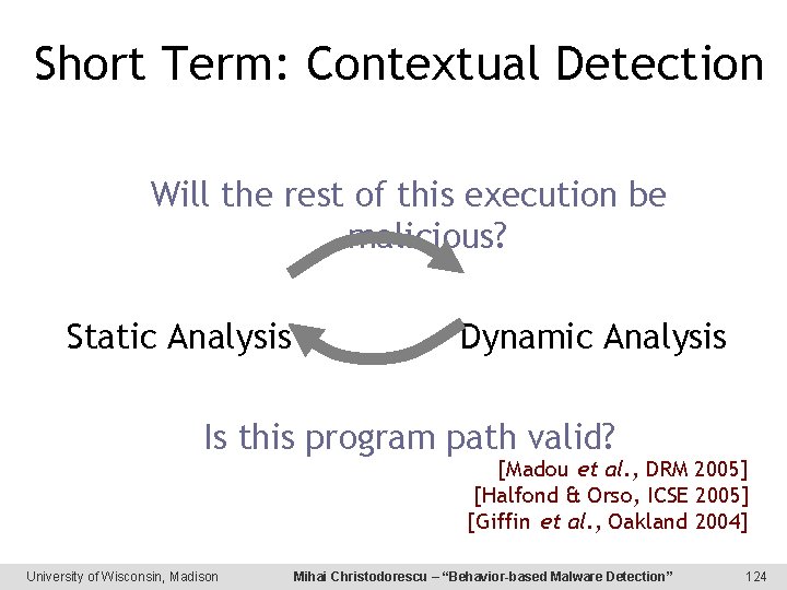 Short Term: Contextual Detection Will the rest of this execution be malicious? Static Analysis