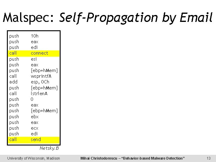 Malspec: Self-Propagation by Email push call Connect push call add push call push push
