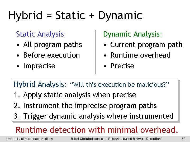 Hybrid = Static + Dynamic Static Analysis: • All program paths • Before execution