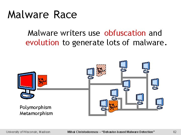 Malware Race Malware writers use obfuscation and evolution to generate lots of malware. Polymorphism