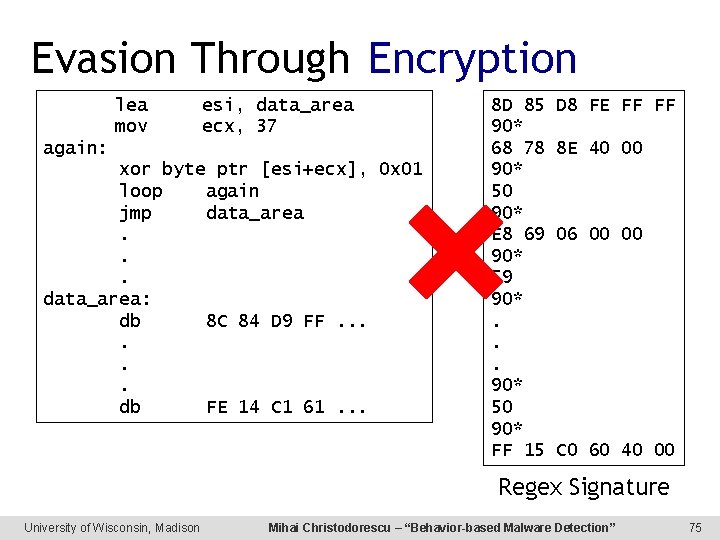 Evasion Through Encryption lea eax, [ebp+Data] esi, data_area jmp label_one mov ecx, 37 again: