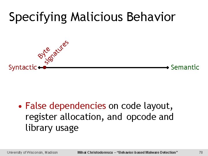 By sig te na tu re s Specifying Malicious Behavior Syntactic Semantic • False