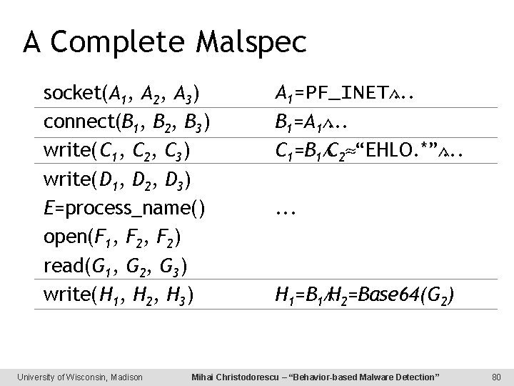 A Complete Malspec socket(A 1, A 2, A 3) connect(B 1, B 2, B