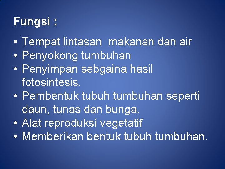 Fungsi : • Tempat lintasan makanan dan air • Penyokong tumbuhan • Penyimpan sebgaina