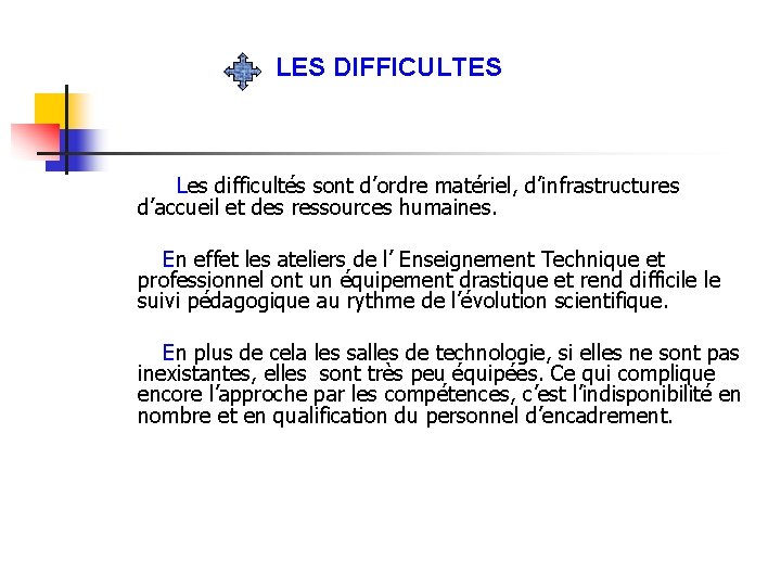 LES DIFFICULTES Les difficultés sont d’ordre matériel, d’infrastructures d’accueil et des ressources humaines. En