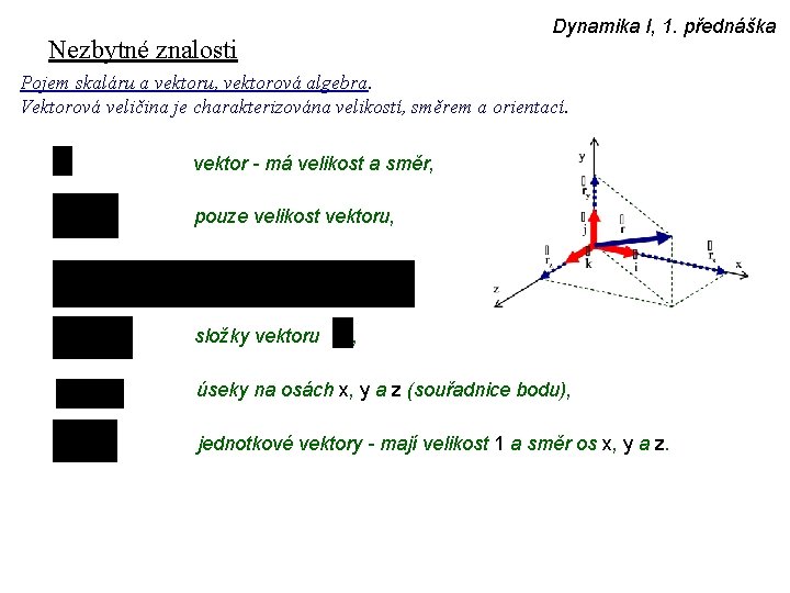 Dynamika I, 1. přednáška Nezbytné znalosti Pojem skaláru a vektoru, vektorová algebra. Vektorová veličina