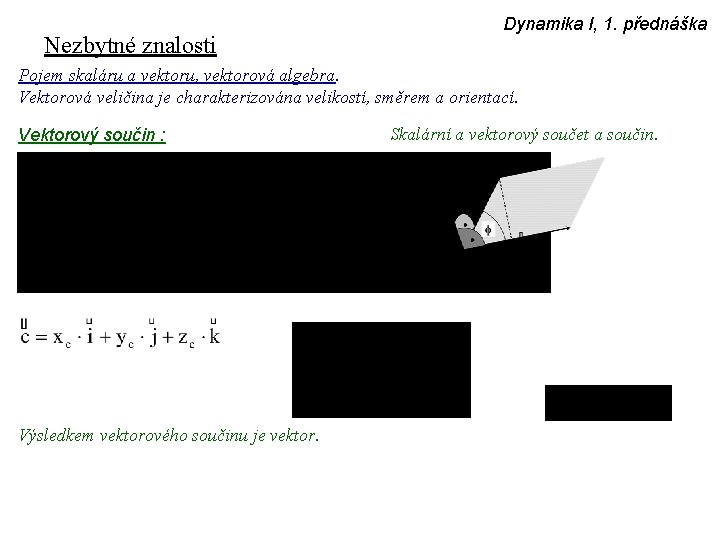 Nezbytné znalosti Dynamika I, 1. přednáška Pojem skaláru a vektoru, vektorová algebra. Vektorová veličina