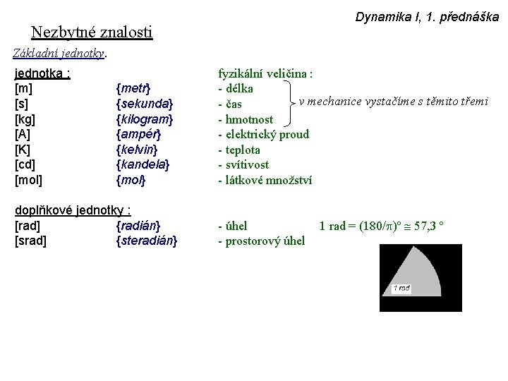 Dynamika I, 1. přednáška Nezbytné znalosti Základní jednotky. jednotka : [m] [s] [kg] [A]