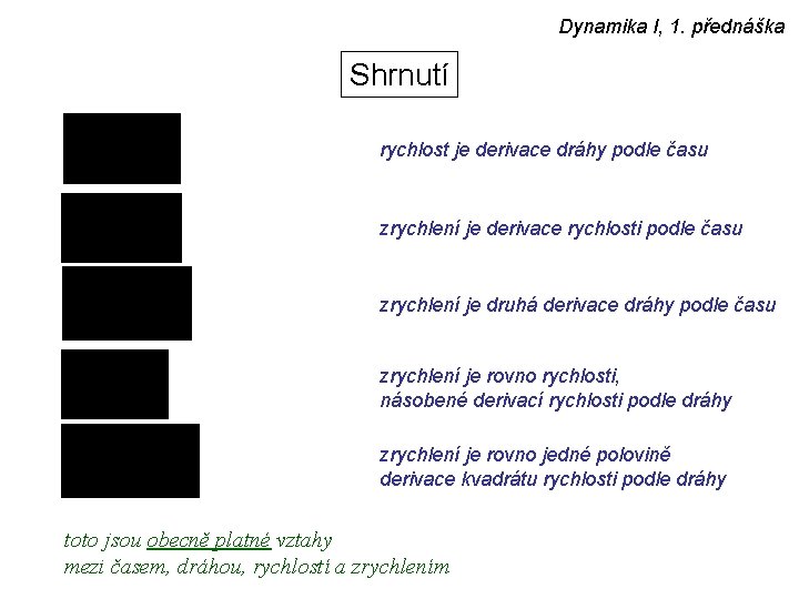 Dynamika I, 1. přednáška Shrnutí rychlost je derivace dráhy podle času zrychlení je derivace