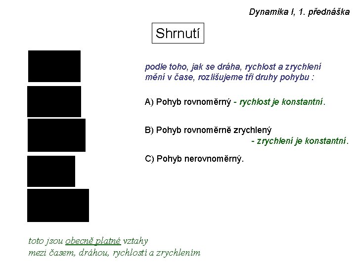 Dynamika I, 1. přednáška Shrnutí podle toho, jak se dráha, rychlost a zrychlení mění