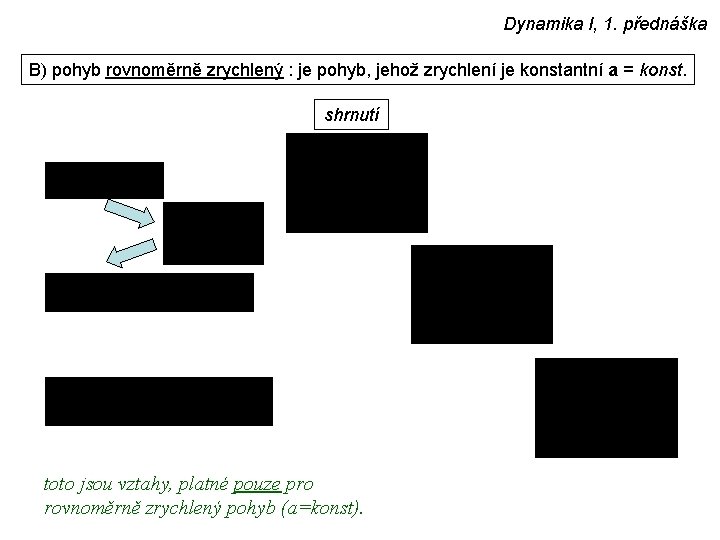 Dynamika I, 1. přednáška B) pohyb rovnoměrně zrychlený : je pohyb, jehož zrychlení je