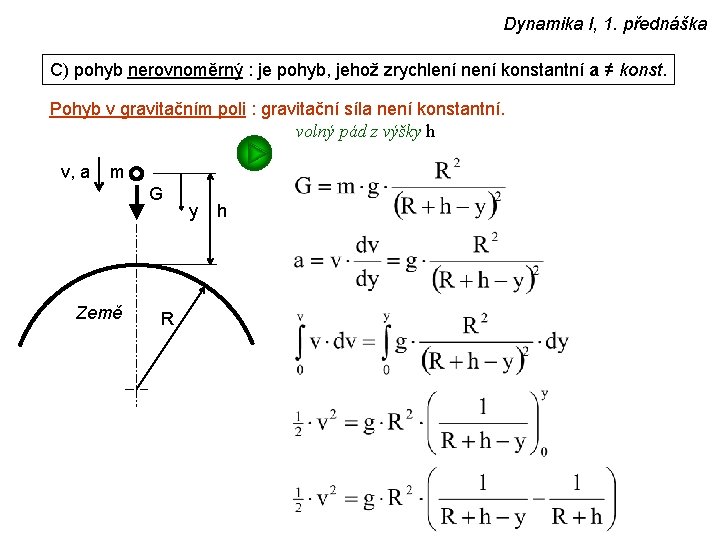 Dynamika I, 1. přednáška C) pohyb nerovnoměrný : je pohyb, jehož zrychlení není konstantní