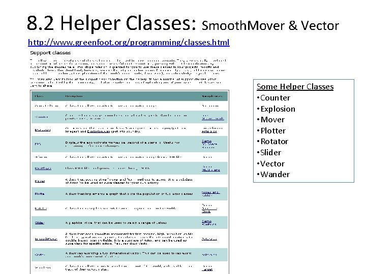 8. 2 Helper Classes: Smooth. Mover & Vector http: //www. greenfoot. org/programming/classes. html Some