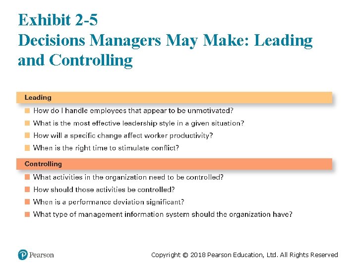 Exhibit 2 -5 Decisions Managers May Make: Leading and Controlling Copyright © 2018 Pearson