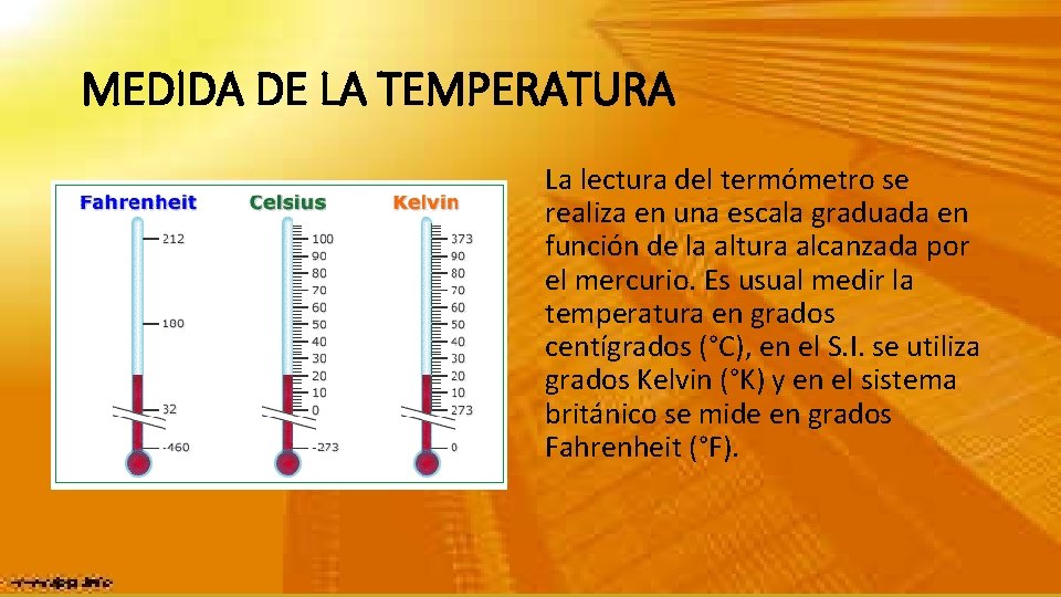 MEDIDA DE LA TEMPERATURA La lectura del termómetro se realiza en una escala graduada