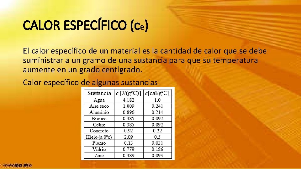 CALOR ESPECÍFICO (ce) El calor específico de un material es la cantidad de calor