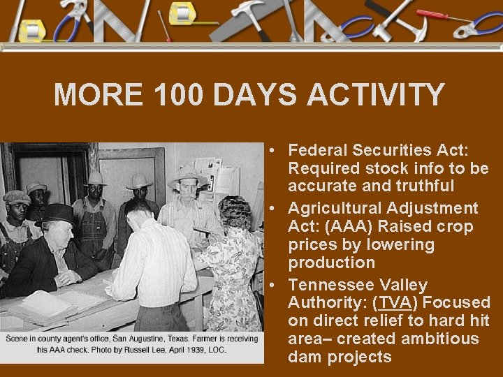 MORE 100 DAYS ACTIVITY • Federal Securities Act: Required stock info to be accurate