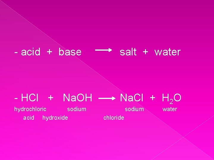- acid + base salt + water - HCl + Na. OH Na. Cl