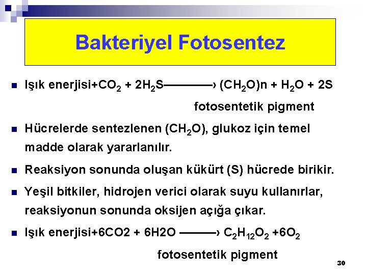 Bakteriyel Fotosentez n Işık enerjisi+CO 2 + 2 H 2 S————› (CH 2 O)n